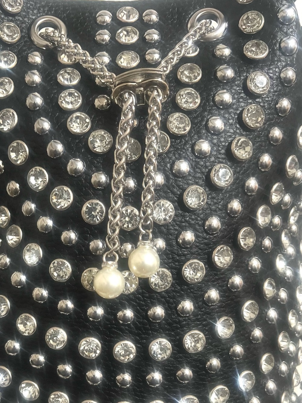 Black Silver Studded & Rhinestone Drawstring Bucket Bag - Picture 7 of 8